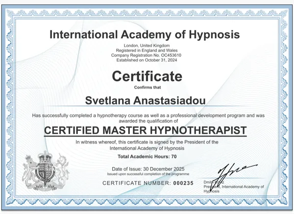 Сертификат Certified Master Hypnotherapist — International Academy of Hypnosis